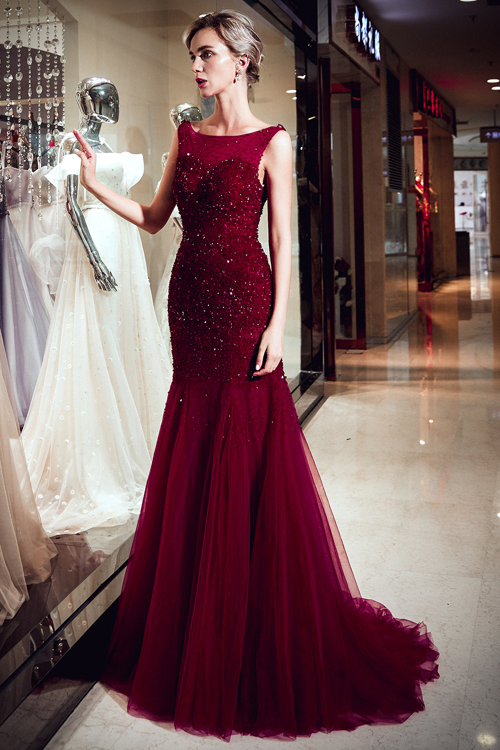 BMbridal Gorgeous Mermaid Sleeveless Prom Dresses Sequined Tulle Burgundy Formal Dresses Online
