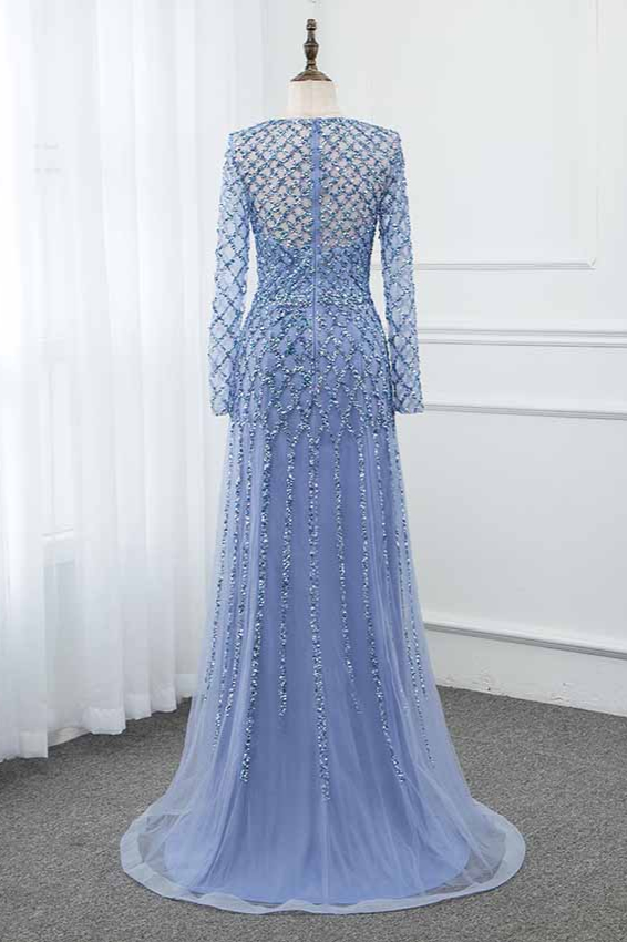 BMbridal Elegant Tulle Jewel Rhinestones Prom Dresses with Long Sleeves