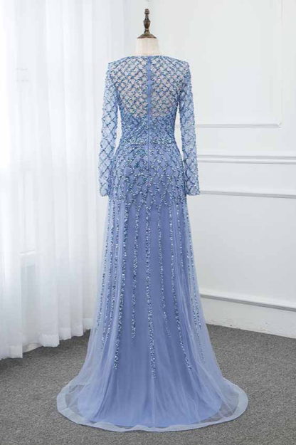 BMbridal Elegant Tulle Jewel Rhinestones Prom Dresses with Long Sleeves