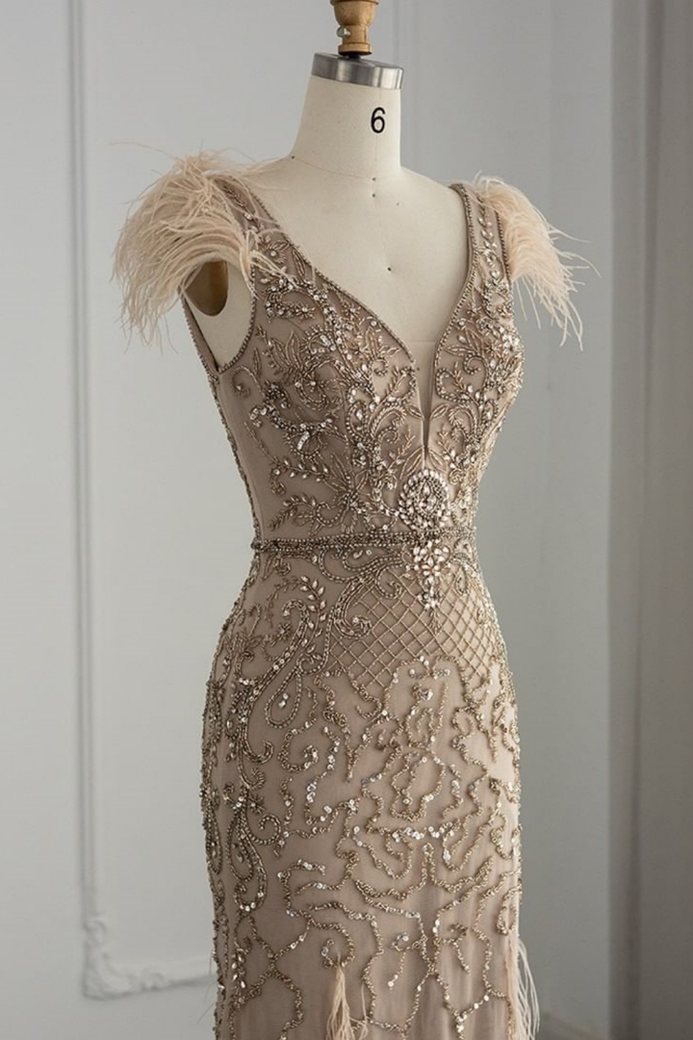 Bmbridal A-Line Taupe V-Neck Tulle Cap Sleeves Prom Dresses with Appliques