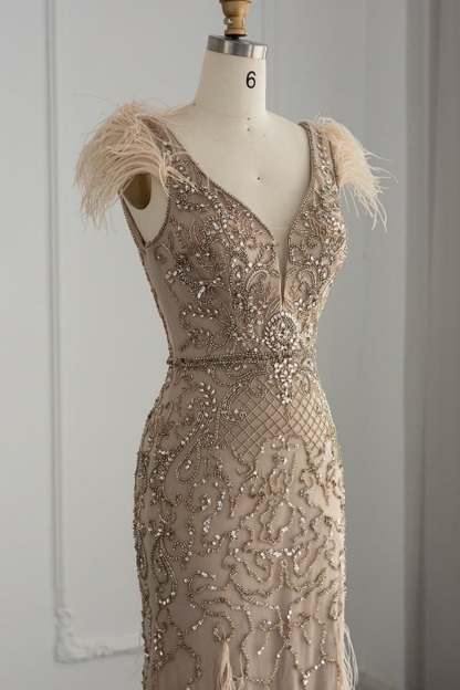 Bmbridal A-Line Taupe V-Neck Tulle Cap Sleeves Prom Dresses with Appliques