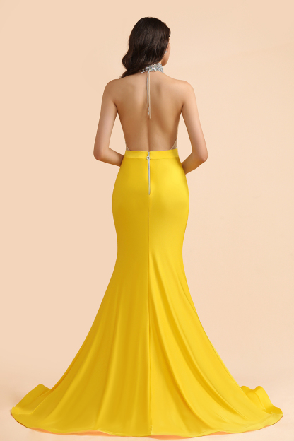 BMbridal Sexy Yellow Halter Backless Prom Dress Long Mermaid With Crystals