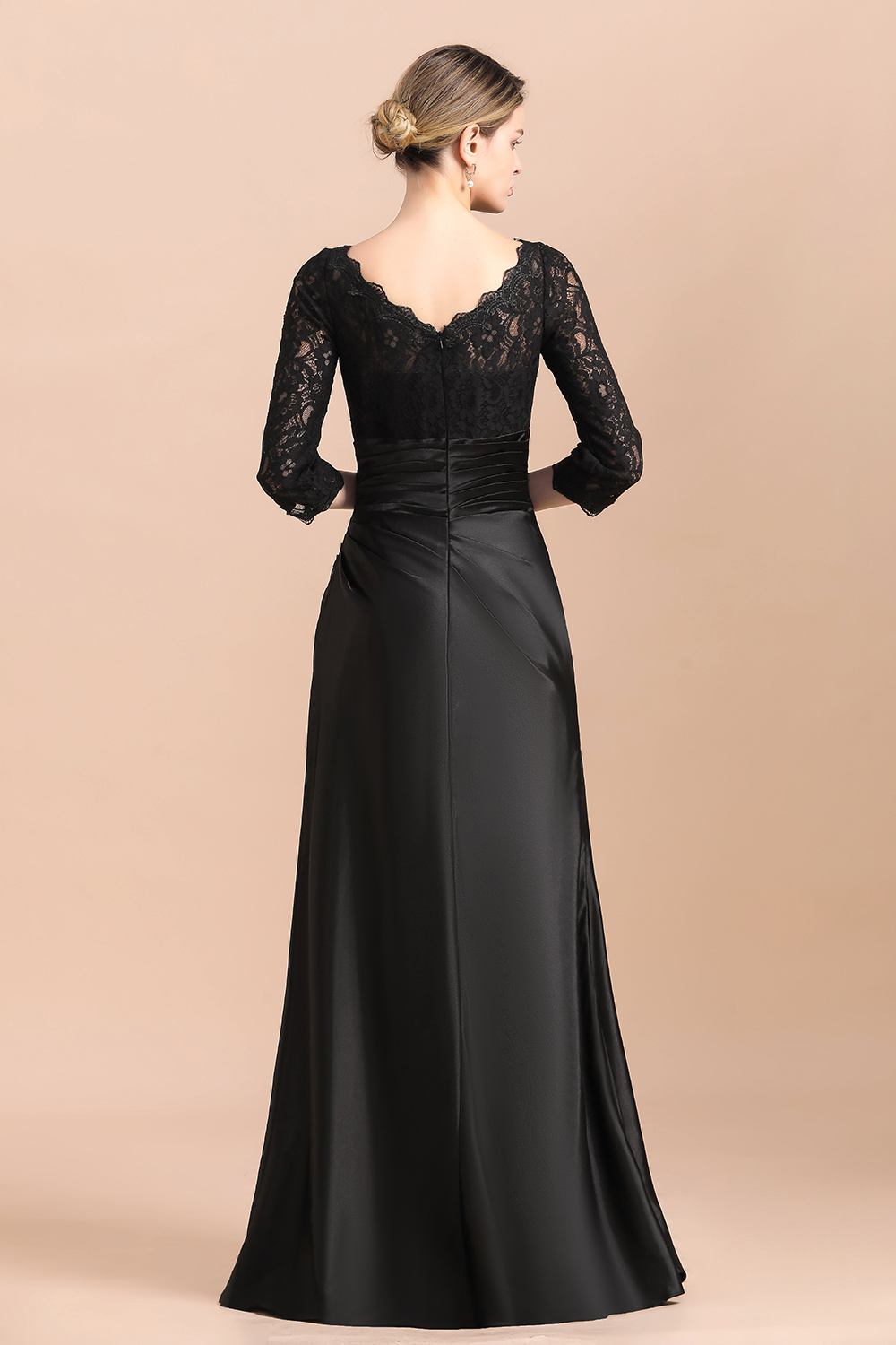 BMbridal Elegant Jewel 3/4 Sleeves Black Satin Lace Ruffles Mother of Bride Dress On Sale-BMbridal