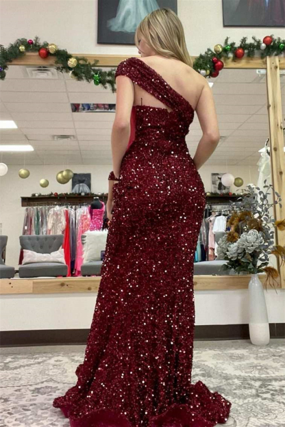 Modern Burgundy One Shoulder Mermaid Prom Dress Sequins Long