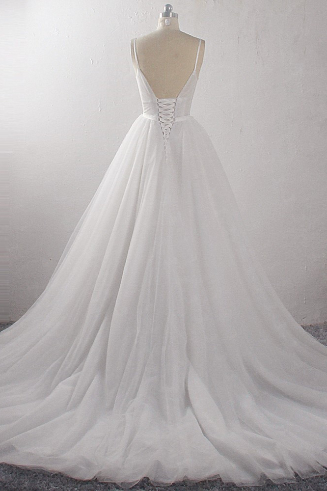 BMbridal Sexy A-Line Spaghetti Straps Tulle Wedding Dress Deep-V-Neck Appliques Sleeveless Bridal Gowns Online-BMbridal