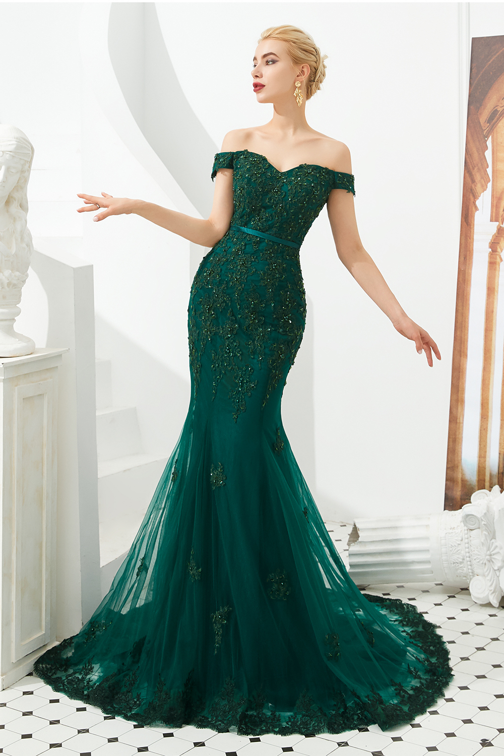 BMbridal Off-the-Shoulder Green Prom Dress Long Mermaid Evening Gowns With Lace Appliques