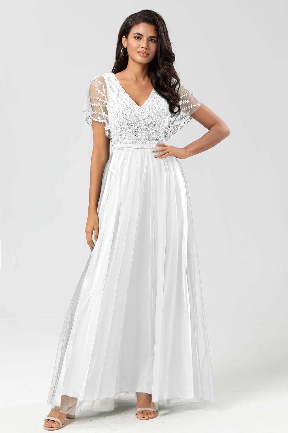 Tulle Short Sleeves V Neck A Line Long Prom Dress With Appliques