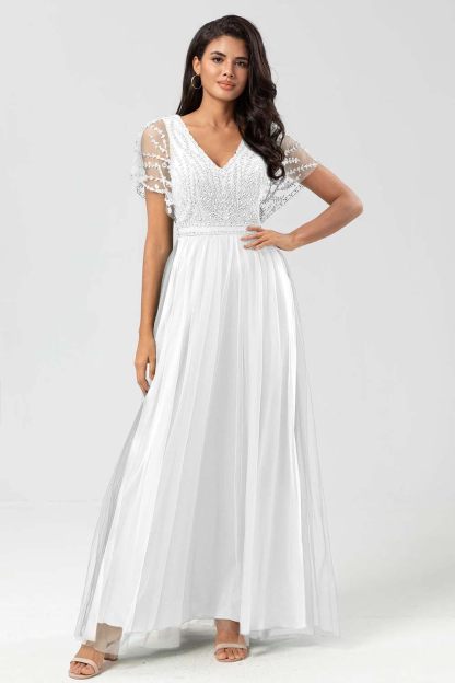Tulle Short Sleeves V Neck A Line Long Prom Dress With Appliques