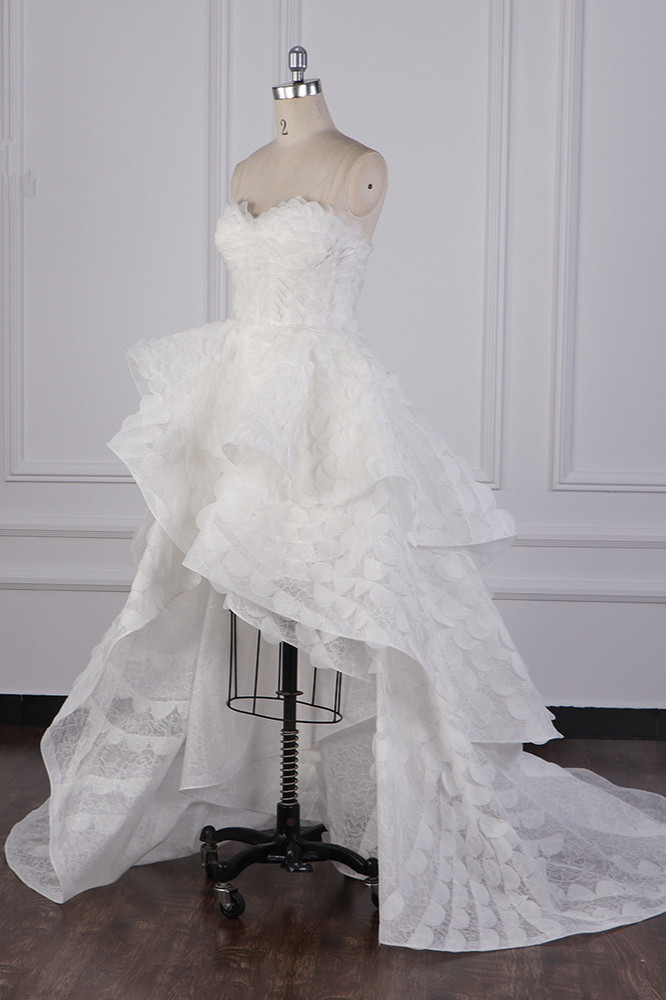 BMbridal Chic Hi-Lo Strapless Tulle Wedding Dress Appliques Sleeveless Bridal Gowns Online-BMbridal