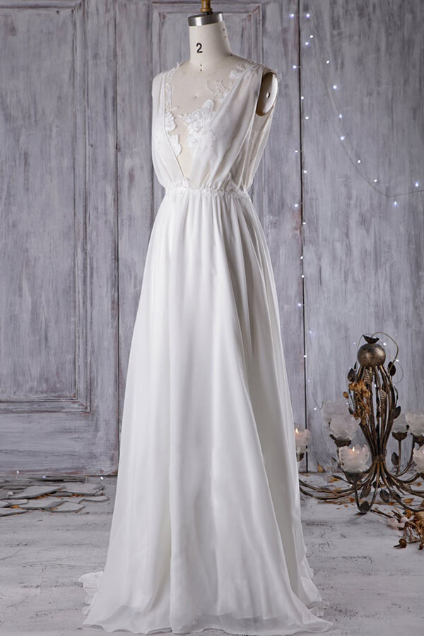 BMbridal Sexy A-line V-Neck Chiffon Wedding Dress Sleeveless Lace Appliques Bridal Gowns On Sale-BMbridal