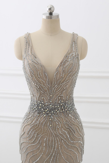 BMbridal Elegant Strap V-Neck Sleeveless Mermaid Prom Dresses with Beadings Ruffles