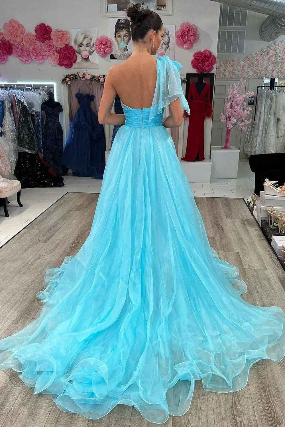 Sparkly Sky Blue A Line One Shoulder Long Prom Dress with Beading