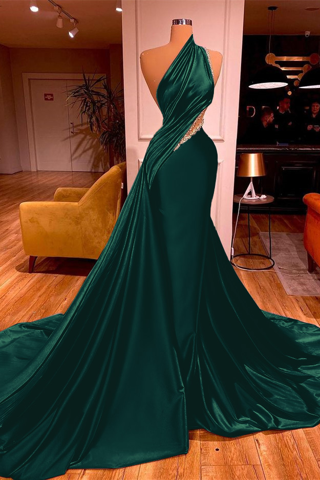 Chic Sleeveless Long Beadings Mermaid Prom Dress One Shoulder With Ruffles