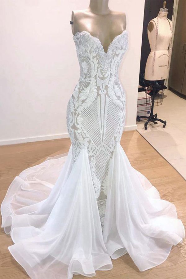 BMbridal Chic Sweetheart White Mermaid Wedding Dresses With Appliques Tulle Ruffles Bridal Gowns On Sale-BMbridal