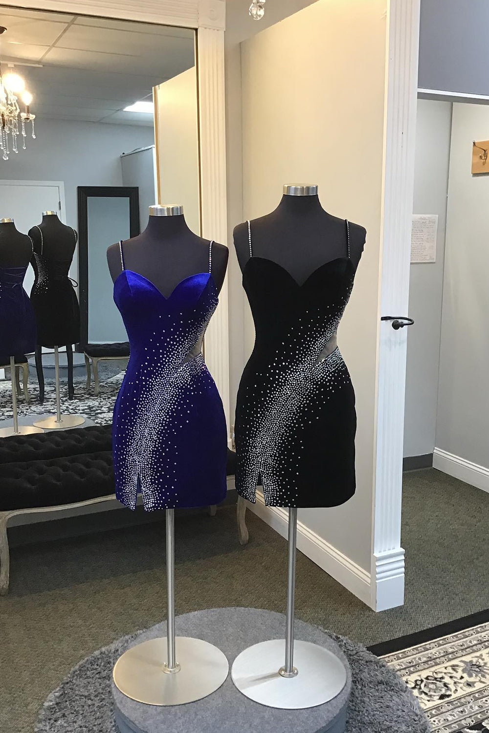 Glitter Royal Blue Velvet Tight Short Homecoming Dress with Slit-BMbridal