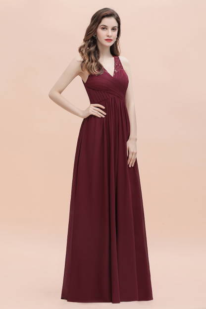 BMbridal Elegant V-Neck Lace Ruffles Bridesmaid Dress Sequins Burgundy Chiffon Evening Dress