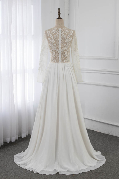 BMbridal Affordable Jewel Chiffon Ruffles Wedding Dresses Lace Top Long Sleeves Bridal Gowns Online