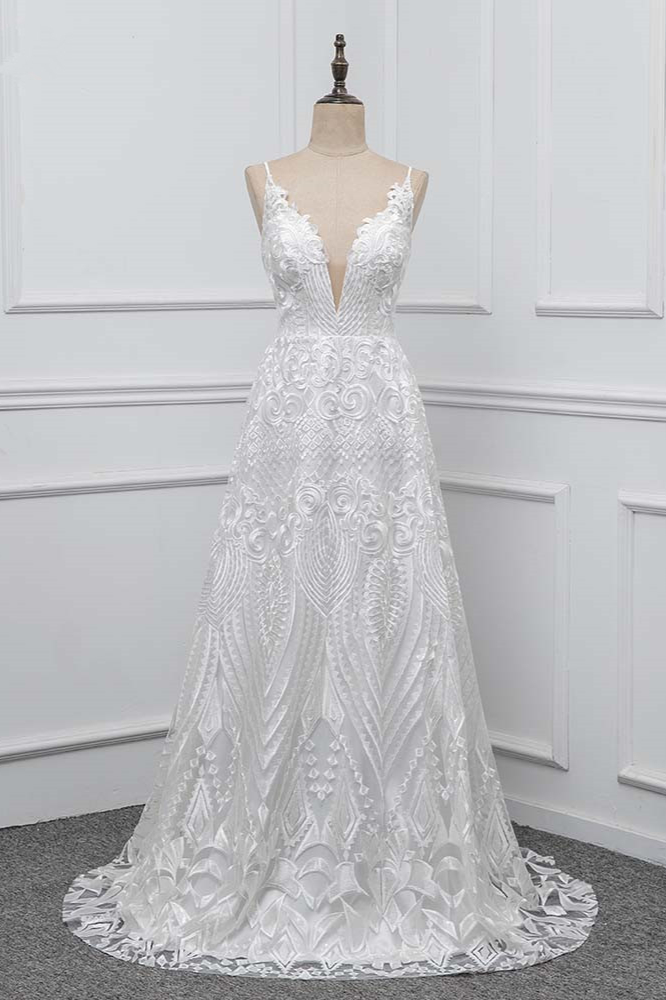 BMbridal Boho Spaghetti Straps V-Neck Appliques Wedding Dresses White Sleeveless Bridal Gowns On Sale-BMbridal
