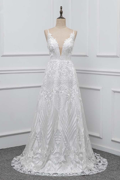 BMbridal Boho Spaghetti Straps V-Neck Appliques Wedding Dresses White Sleeveless Bridal Gowns On Sale-BMbridal