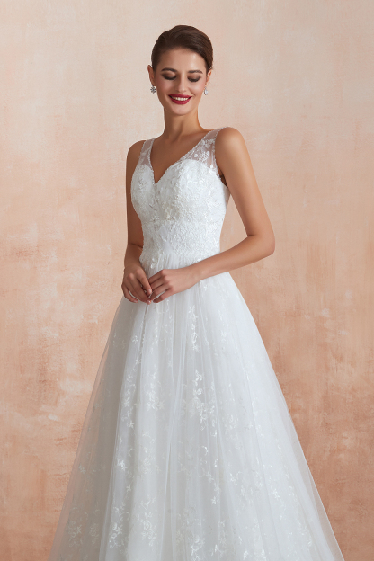 BMbridal Affordable V-Neck Tulle Lace Long White Wedding Dresses Online