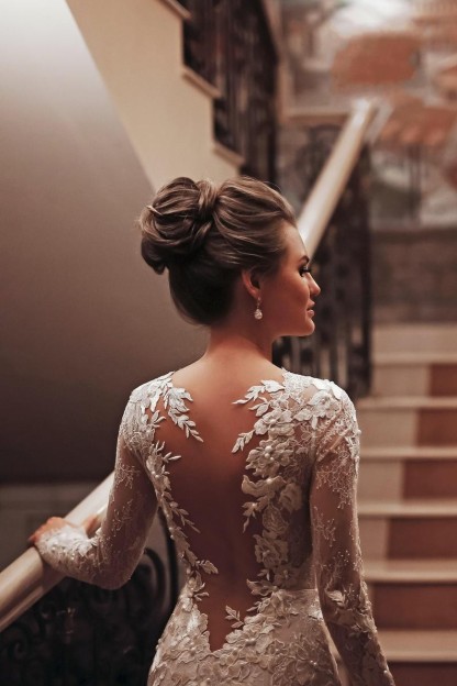 Charming White High Neck Backless Mermaid Long Sleeve Wedding Dress with Appliques Lace