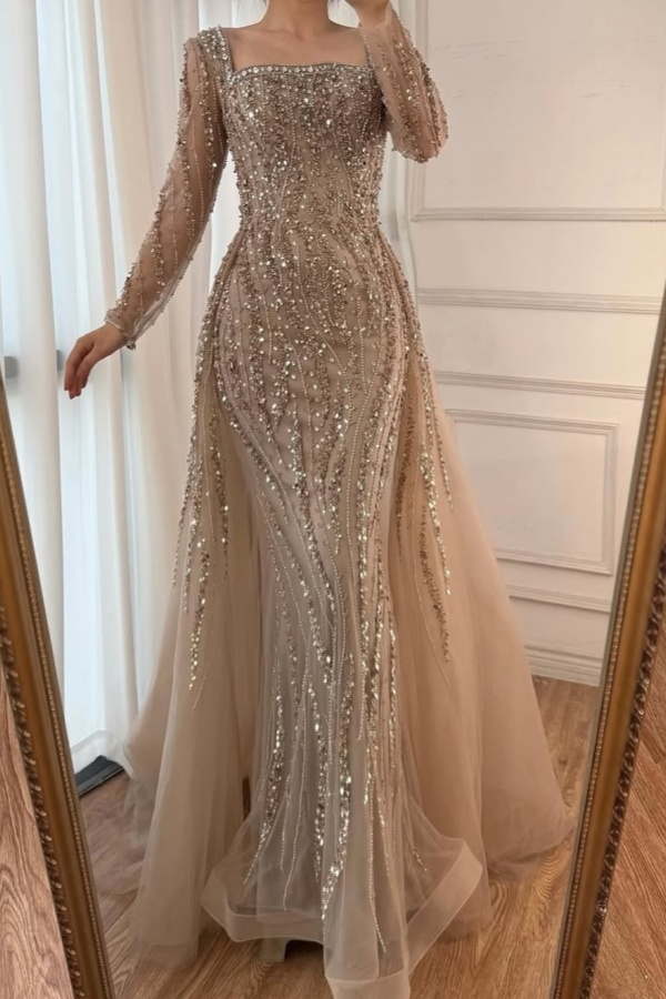 Square Neck Long Sleeves Long Mermaid Prom Dress With Beading Tulle