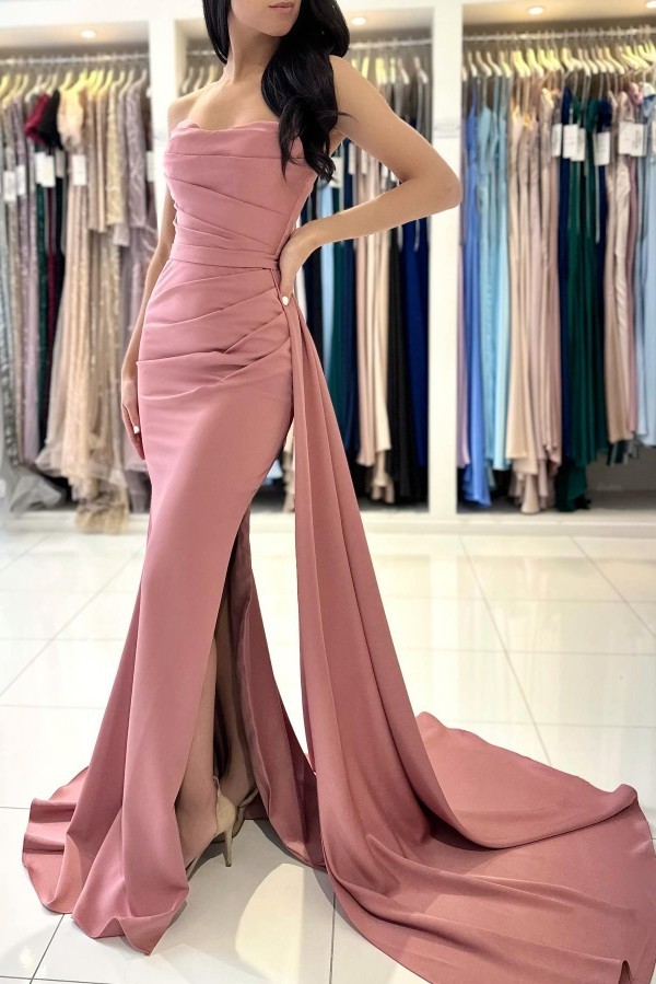 Bmbridal Dusty Pink Prom Dress Mermaid Strapless With Pleats Split