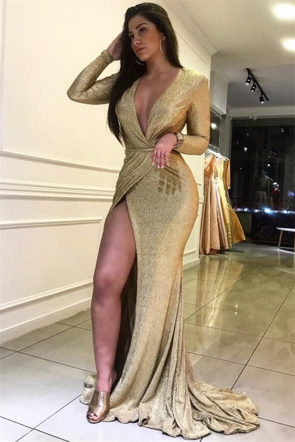Bmbridal Long Sleeves V-Neck Slit Prom Dress Mermaid On Sale