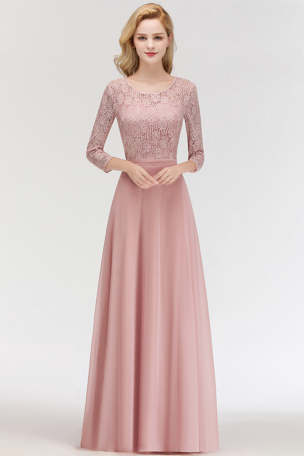 BMbridal Elegant 3/4 Sleeves Lace Long Dusty Rose Bridesmaid Dresses Online-BMbridal