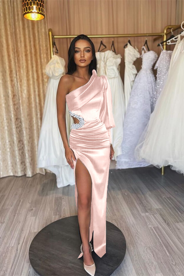 Black One Shoulder Pleated Prom Dress One Long Sleeve With Beading