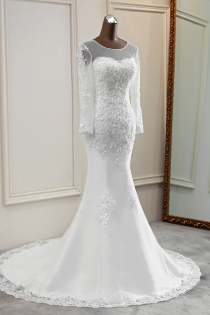 BMbridal Elegant Jewel Long Sleeves White Mermaid Wedding Dresses with Rhinestone Applqiues