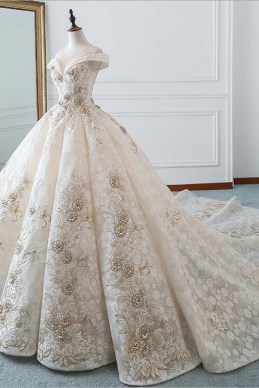 BMbridal Glamorous Jewel Sleeveless Champagne Wedding Dress Appliques Bridal Gowns with Beadings Online-BMbridal