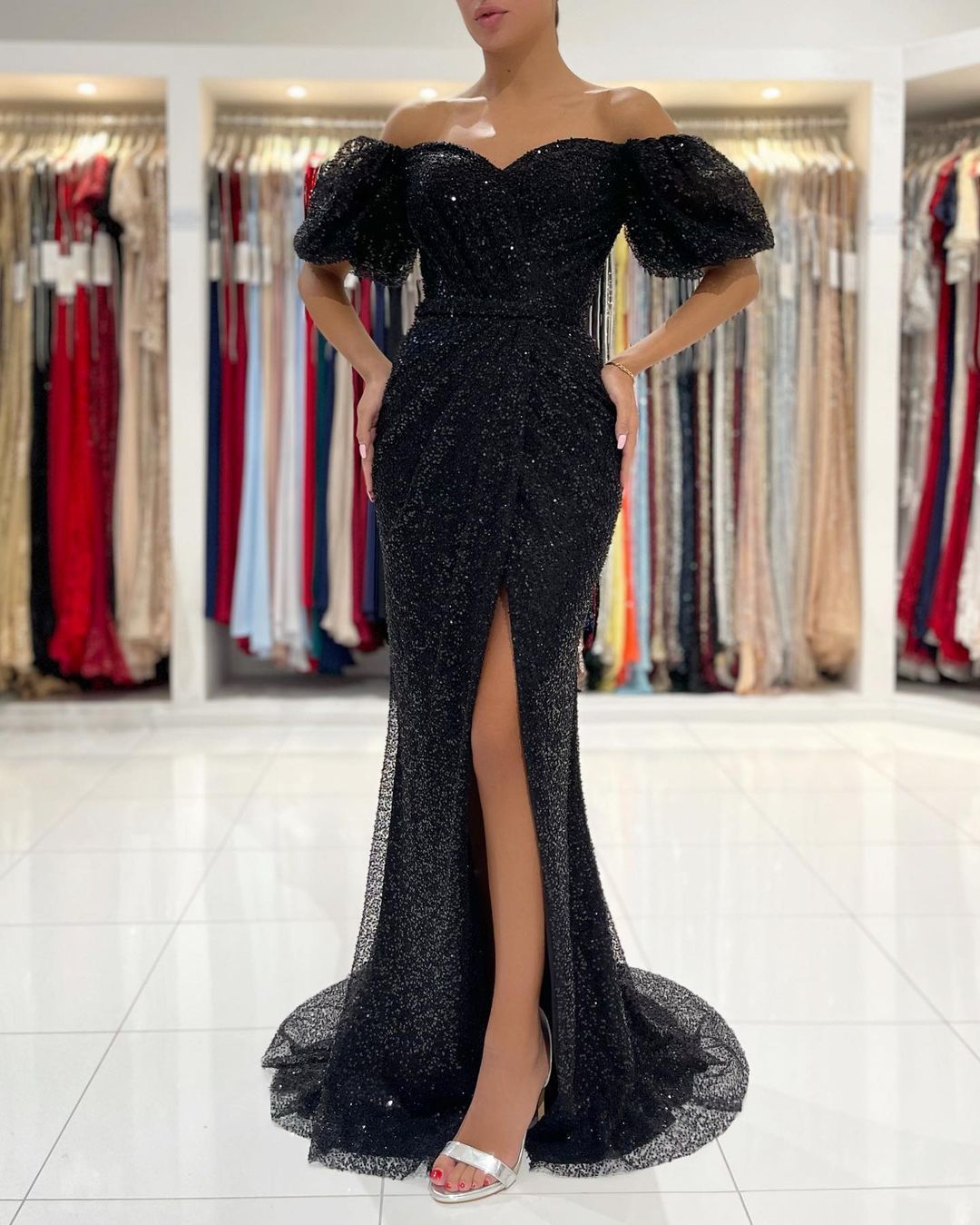Bmbridal Off-the-Shoulder Black Sequins Prom Dress Mermaid With Split
