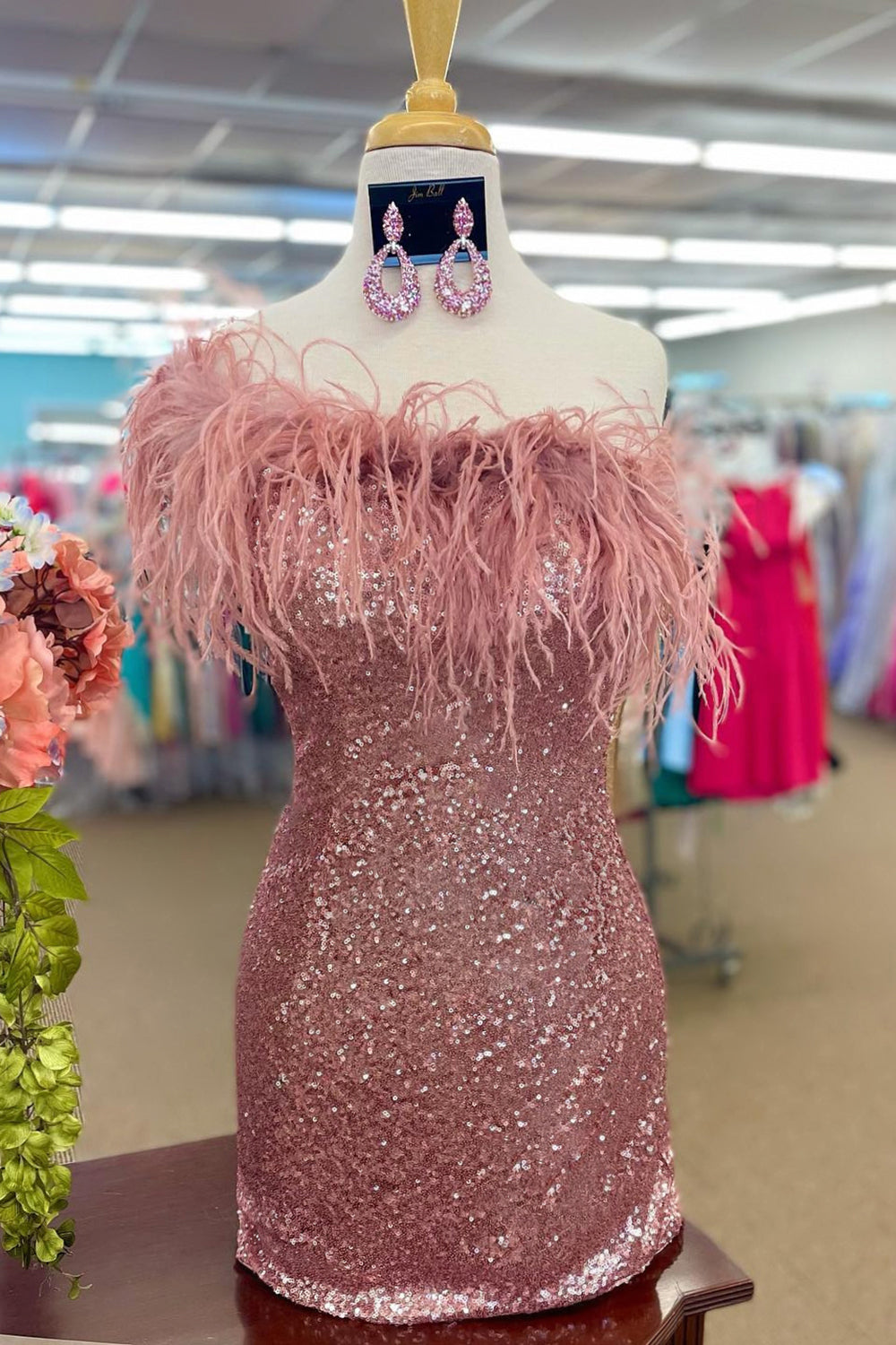 Pink Sparkly Tight Sequins Homecoming Dress with Feathers-BMbridal
