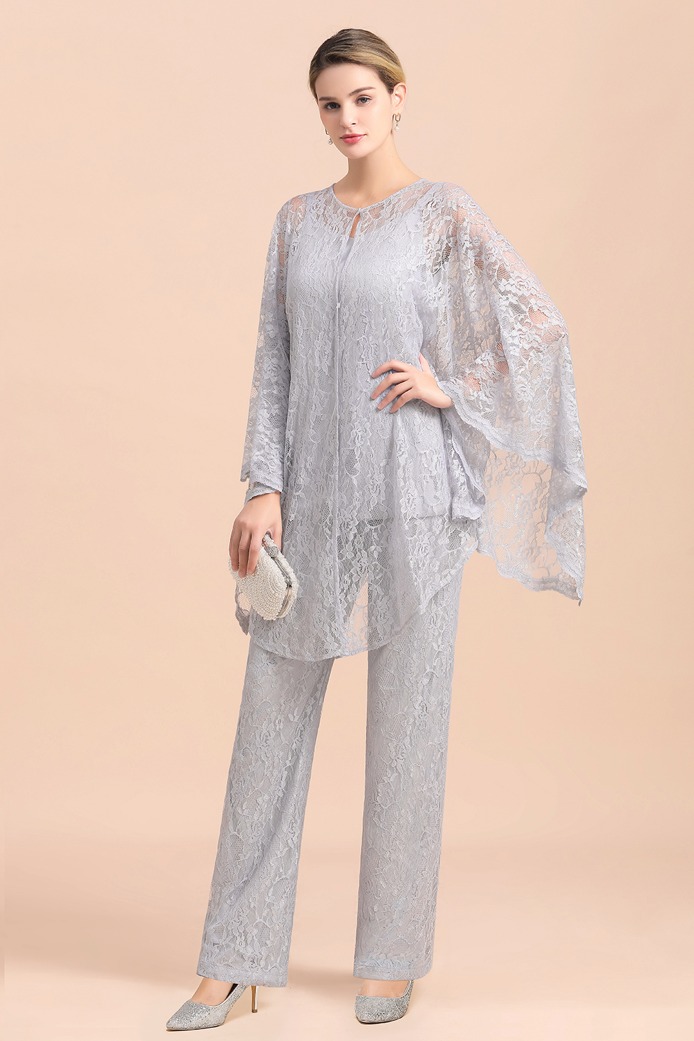 BMbridal Elegant V-Neck Appliques Silver Mother of Bride Jumpsuit with Lace Wraps-BMbridal