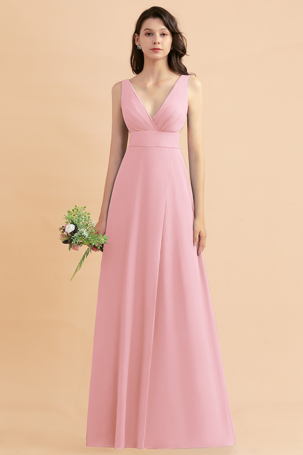 BMbridal A-Line Dusty Blue Chiffon Ruffles Bridesmaid Dress with Slit-BMbridal