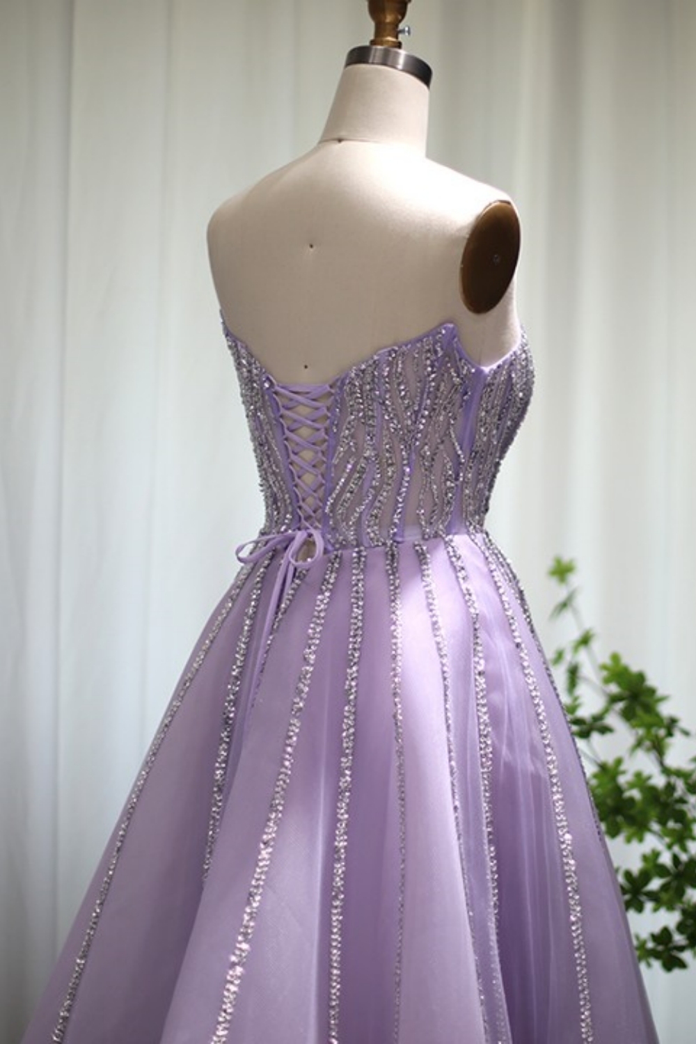 Bmbridal Lilac Tulle Strapless Sleeveless Floor-Length Prom Dresses with Ruffles