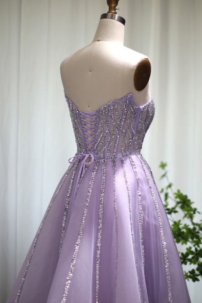 Bmbridal Lilac Tulle Strapless Sleeveless Floor-Length Prom Dresses with Ruffles