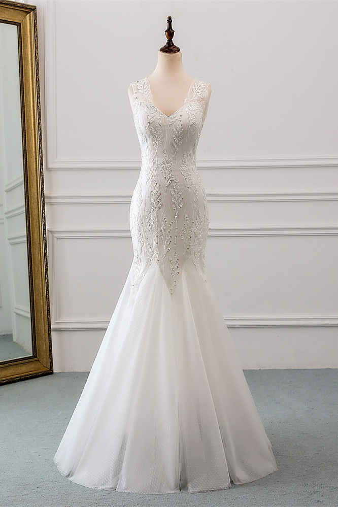 BMbridal Affordable V-Neck Appliques Mermaid Wedding Dresses with Beadings Online