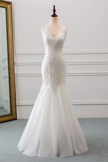 BMbridal Affordable V-Neck Appliques Mermaid Wedding Dresses with Beadings Online