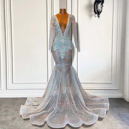 Long Sleeves V-Neck Sequins Prom Dress Mermaid Long Online