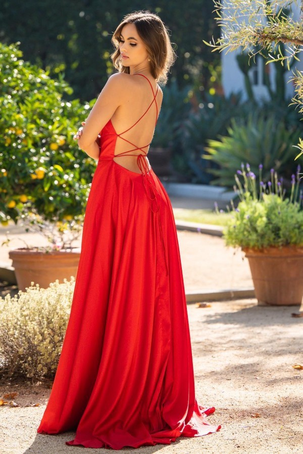 BMbridal Spaghetti-Straps Red Prom Dress Long Sleeveless With Split
