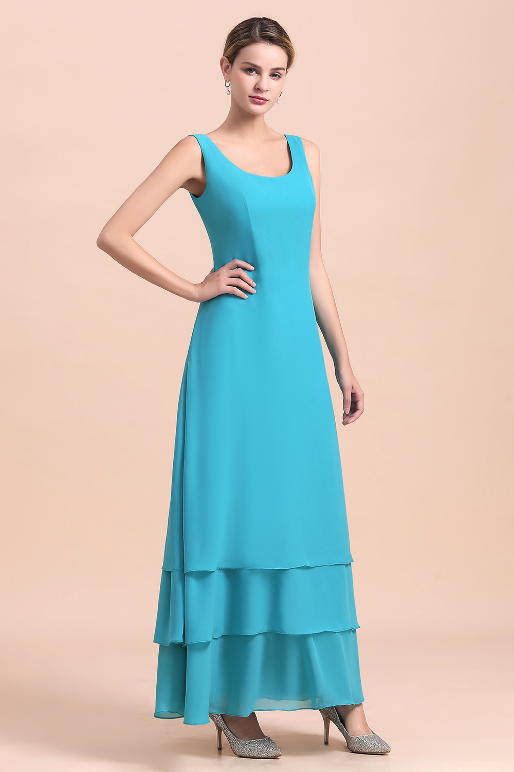 BMbridal Gorgeous Square Neck Flowers Layers Mother of Bride Dress with Long Wraps-BMbridal
