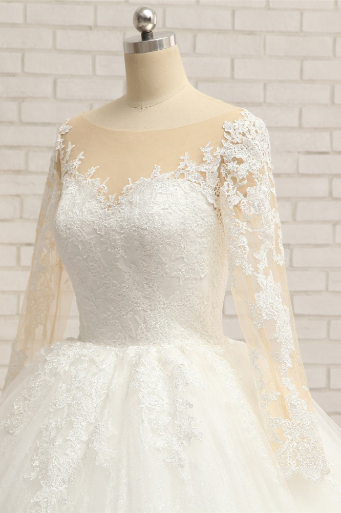 BMbridal Affordable White Tulle Ruffles Wedding Dresses Jewel Longsleeves Lace Bridal Gowns With Appliques Online-BMbridal