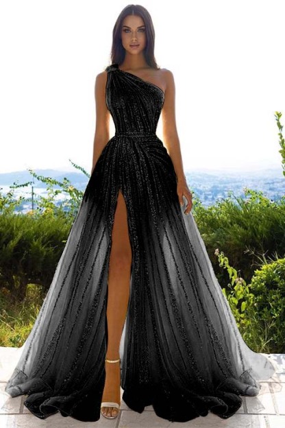 Tulle Sequins One Shoulder A Line Long Prom Dress Daffodil With Front Split