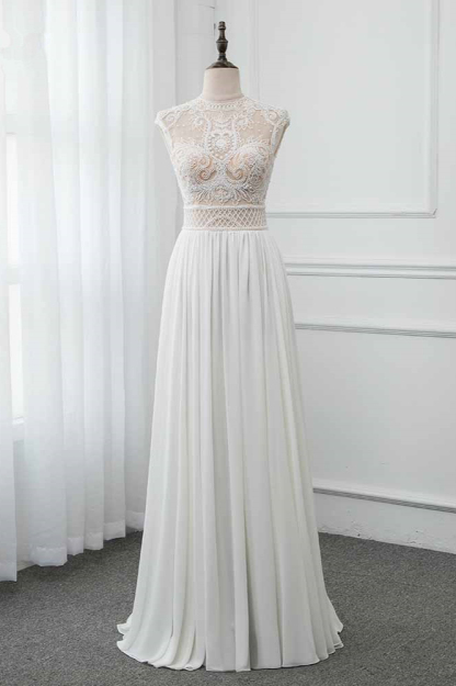 BMbridal Chic Jewel Chiffon Ruffle White Wedding Dresses Lace Top Sleeveless Bridal Gowns with Pearls-BMbridal