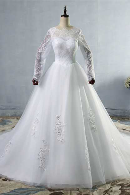 BMbridal Elegant Jewel Tulle Lace Wedding Dress Long Sleeves Appliques Sequins Bridal Gowns On Sale