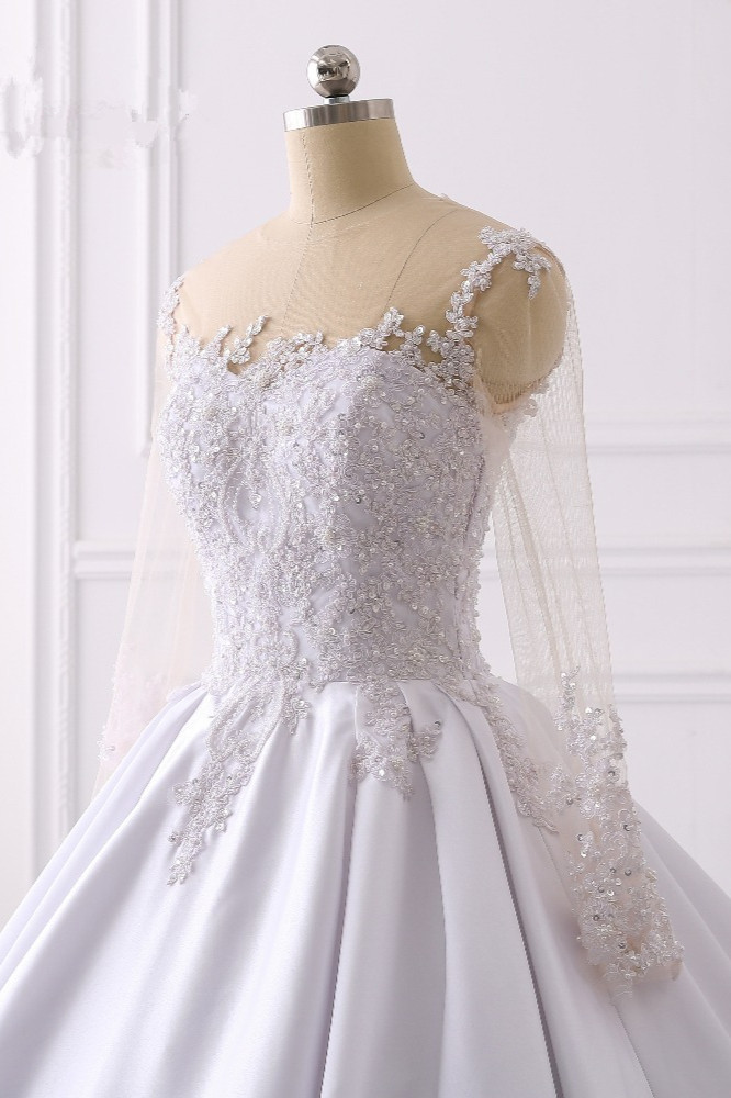 BMbridal Glamorous Ball Gown Jewel Satin Tulle Wedding Dress Long Sleeves Ruffles Lace Bridal Gowns Online-BMbridal