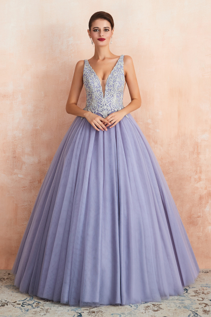 BMbridal Gorgeous Lavender Lace Prom Dress V-Neck Ball Gown Tulle Formal Wears