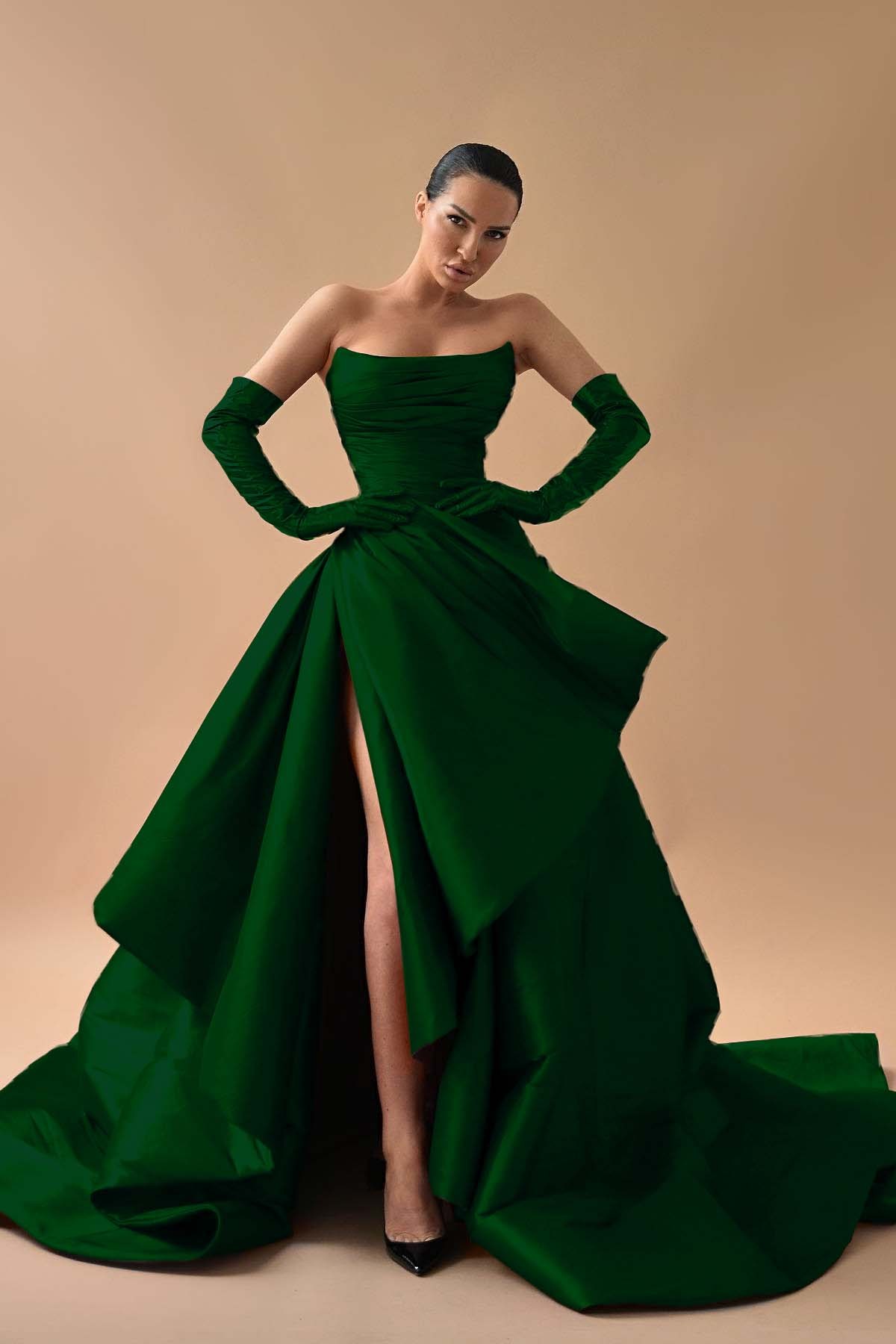 Strapless Sleeveless Long Split Prom Dress With Gloves Pleated
